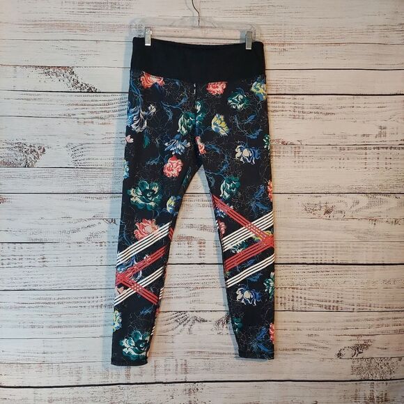 Womans sz Large Floral  with White and Red Stripes Leggings  - Picture 2 of 13